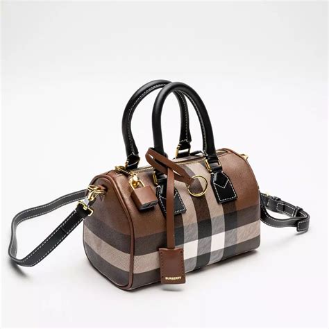 burberry 5045490683666|Mini Check Bowling Bag in Dark birch brown .